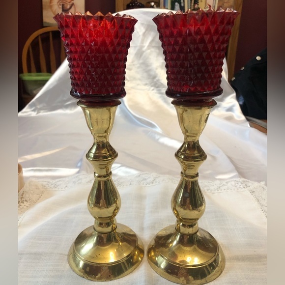 Vintage Set of Brass Candleholders and Ruby Red Votives - Picture 1 of 10